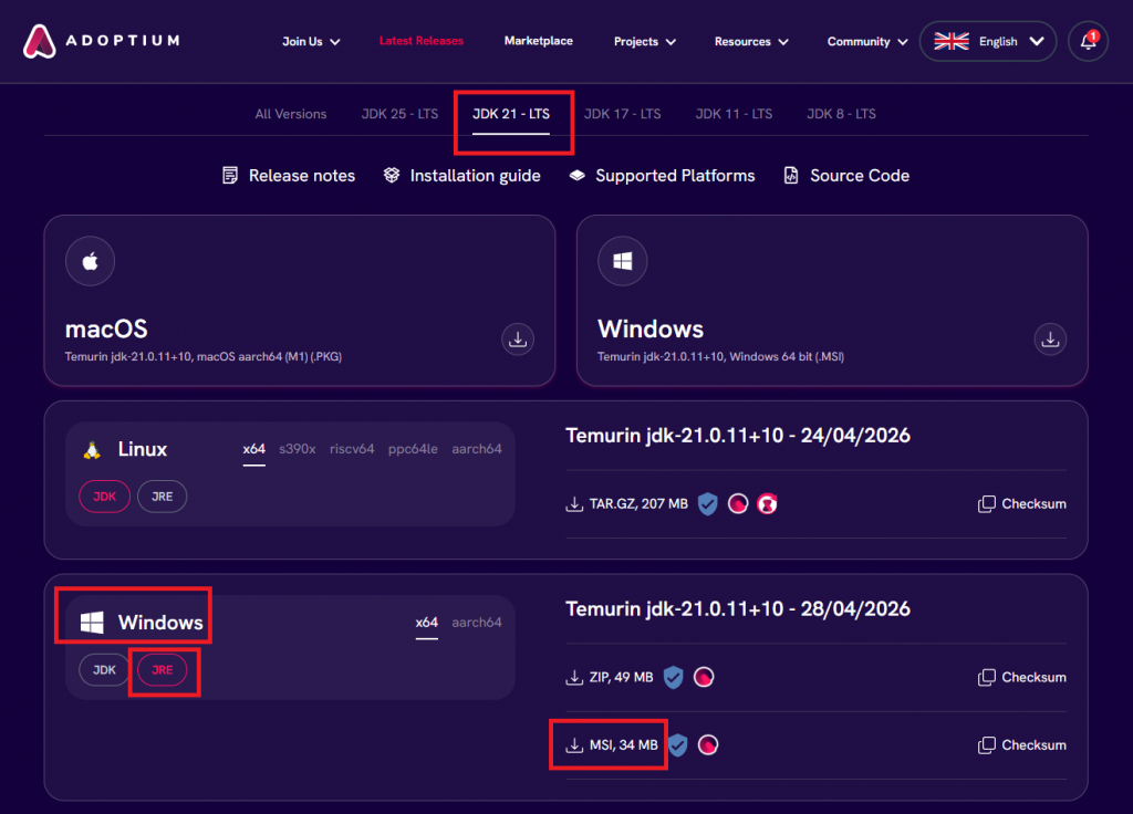 Страница релизов Eclipse Temurin (Adoptium)