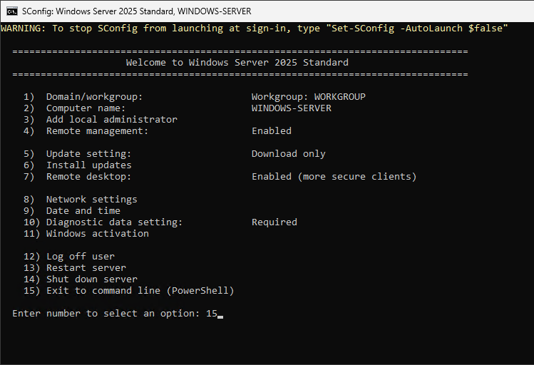 Подключение к PowerShell через SConfig на Windows Server Core
