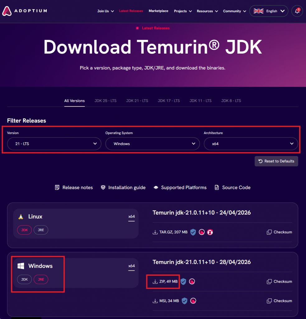 Выбор дистрибутива JRE на сайте Adoptium
