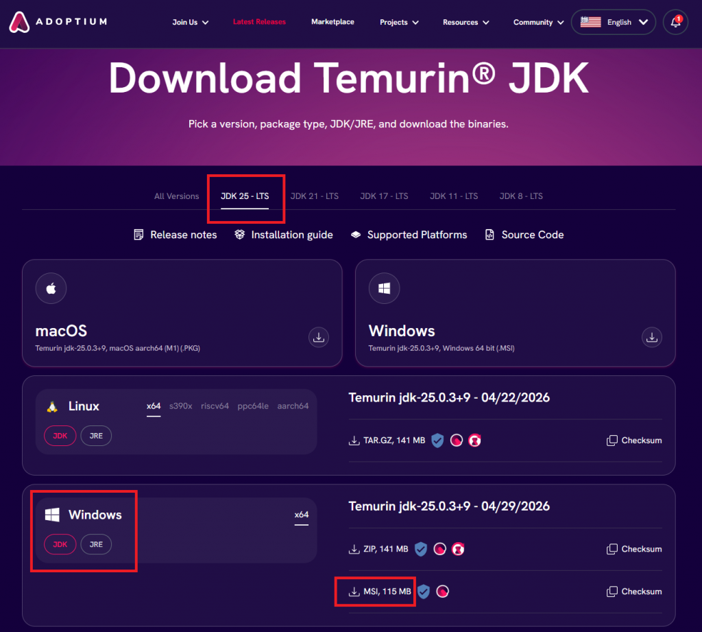 Страница сайта с релизами Eclipse Temurin (Adoptium)