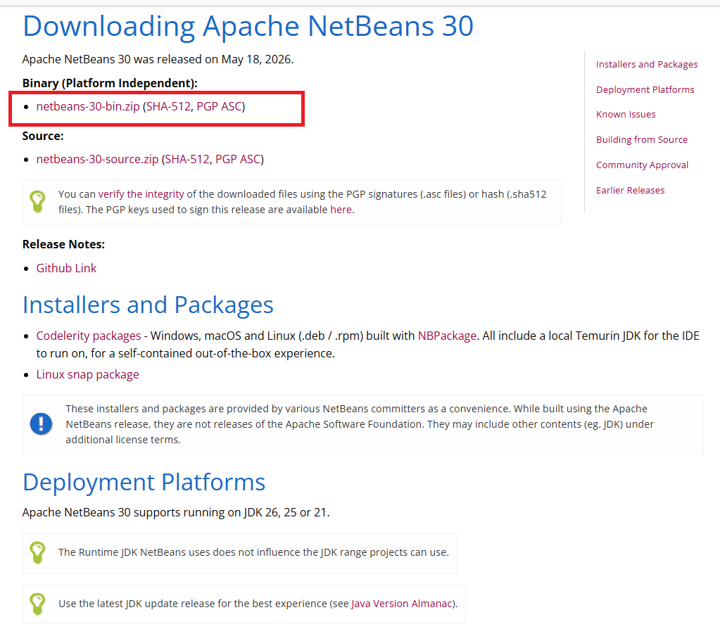 Страница Apache NetBeans 30 Download