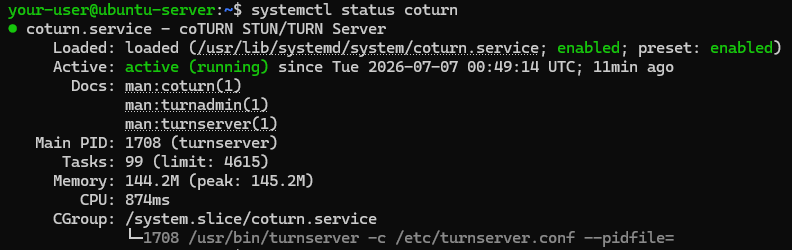 Вывод текущего состояния службы Coturn на Ubuntu и Debian
