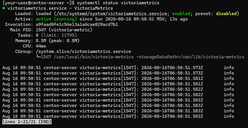 Вывод текущего состояния службы VictoriaMetrics на CentOS Stream и Rocky Linux