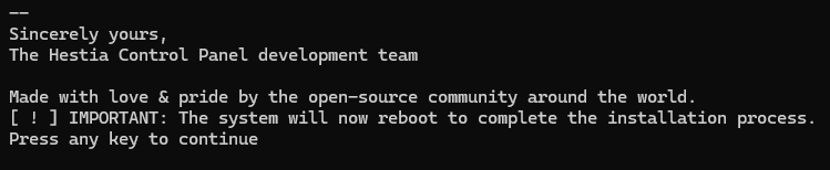 Завершение установки Hestia Control Panel на Ubuntu и Debian