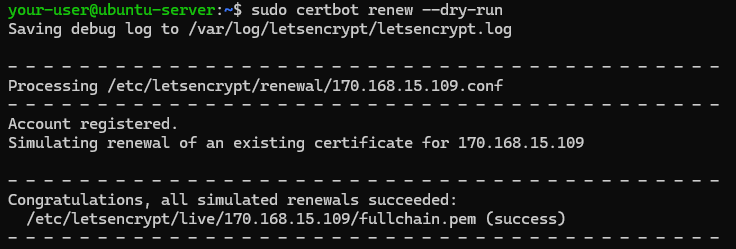 Тестовое продление TLS-сертификата Let's Encrypt для сайта, доступного по IP-адресу