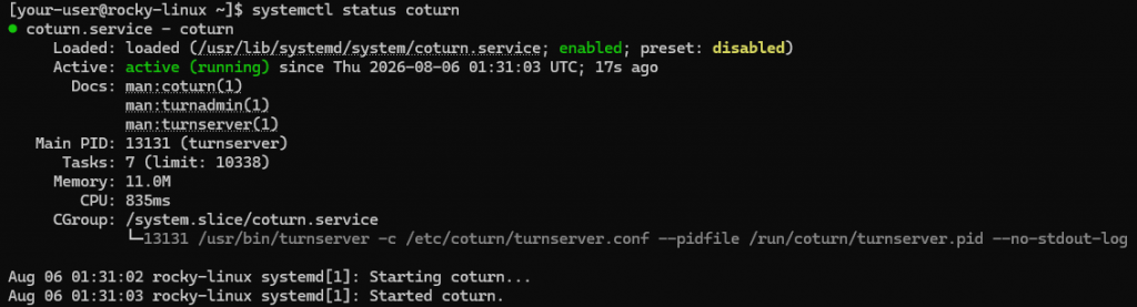 Вывод текущего состояния службы Coturn на CentOS Stream и Rocky Linux