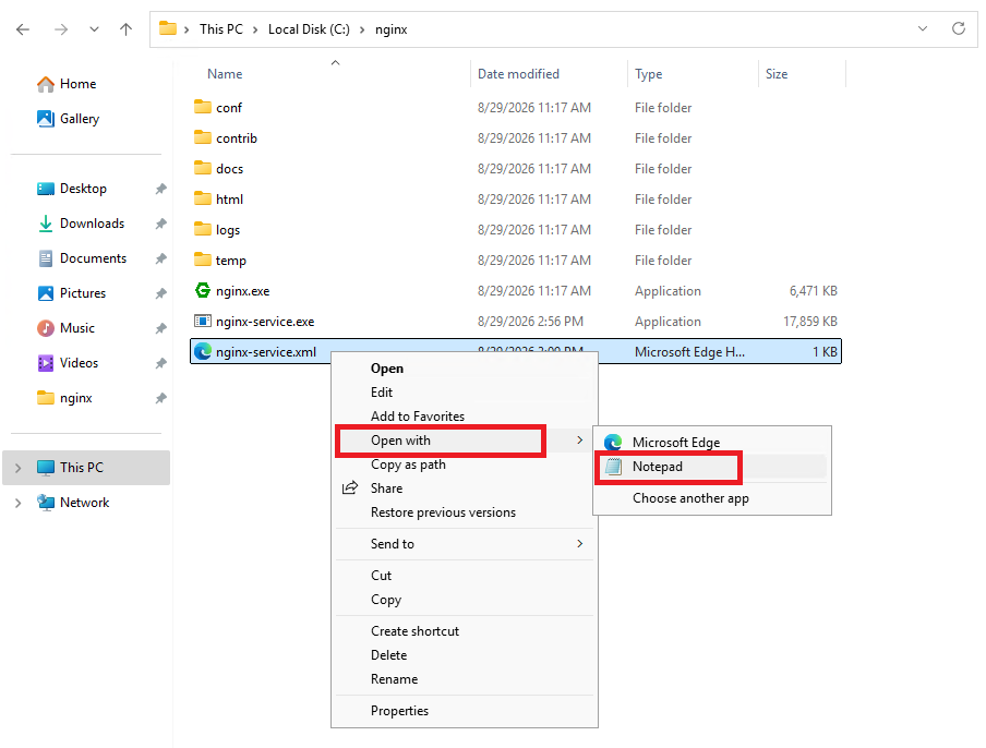 Открытие файла nginx-service.xml при помощи блокнота