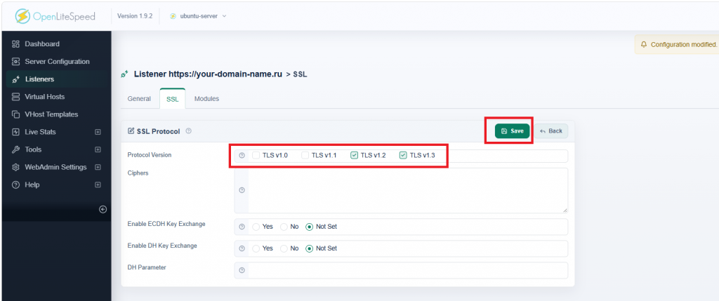 Выбор версий протокола TLS при настройке HTTPS на OpenLiteSpeed