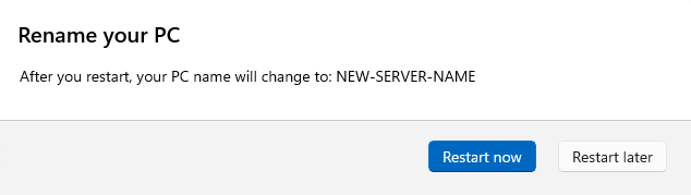 Для применения нового имени компьютера перезагрузите Windows Server