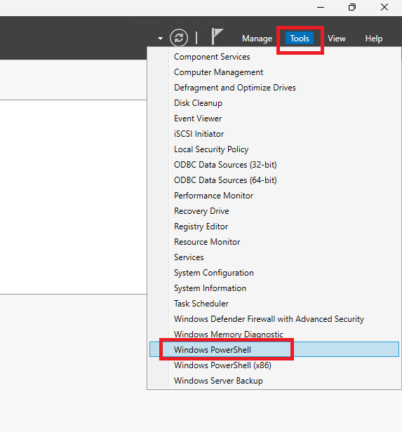 Подключение к командной оболочке PowerShell через Server Manager