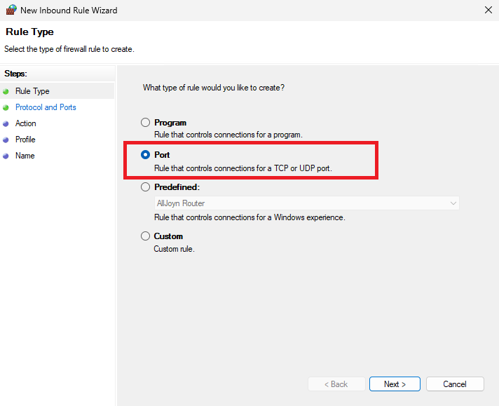 Выбор типа правила в брандмауэре Windows - Как изменить порт RDP