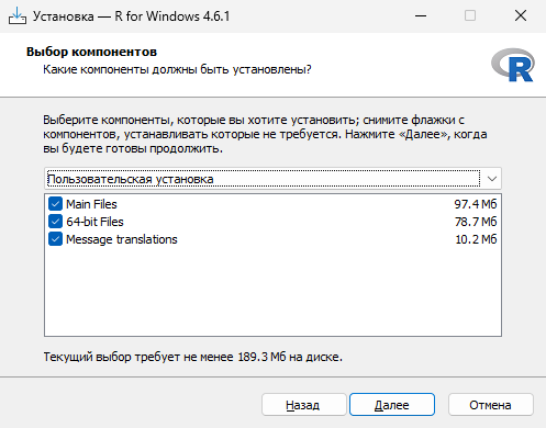 Выбор компонентов при установке R на Windows