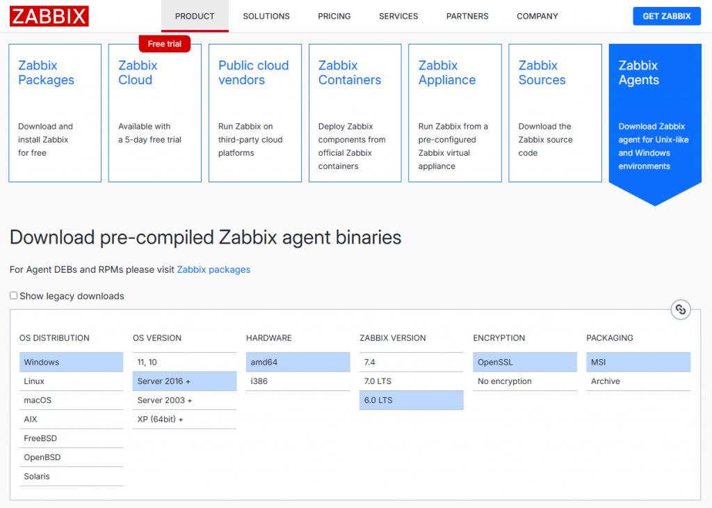 Официальная страница загрузок Zabbix