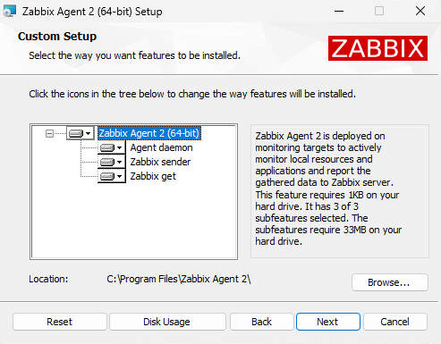 Состав устанавливаемых компонентов и каталог установки Zabbix на Windows