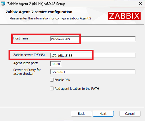 IP-адрес сервера Zabbix и название хоста