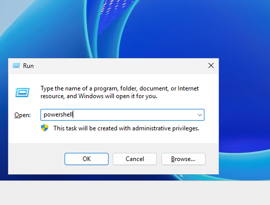 Запуск командной оболочки PowerShell через Win R