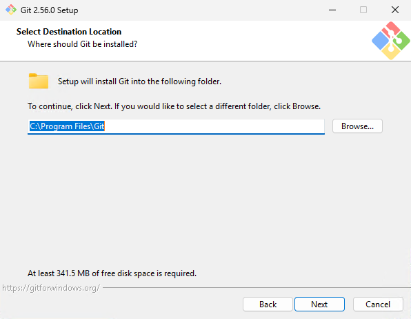 Выбор каталога, в который будет произведена установка Git на Windows