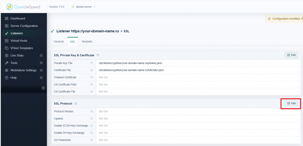 Редактирование раздела SSL Protocol во вкладке SSL - Как настроить HTTPS на OpenLiteSpeed