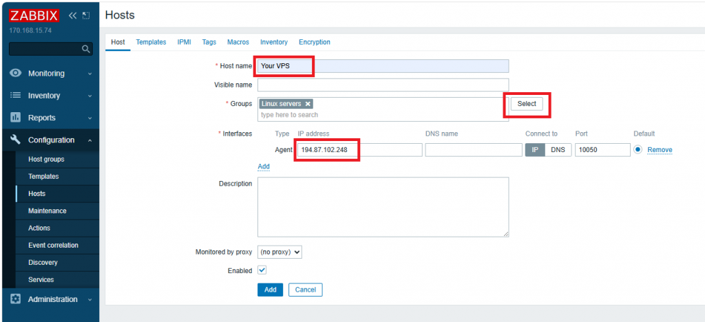 Заполнение данных нового хоста на сервере Zabbix