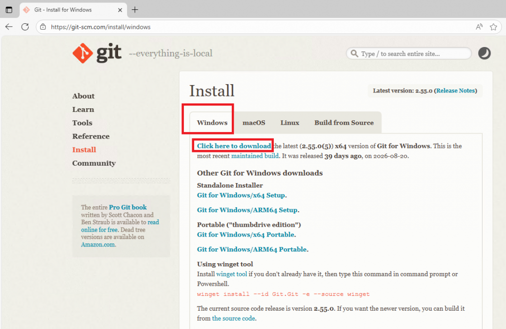 Загрузка инсталлятора Git для Windows