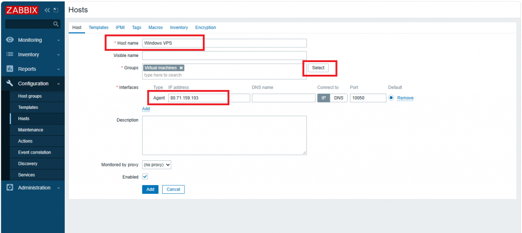 Добавление нового Windows-хоста в интерфейсе сервера Zabbix