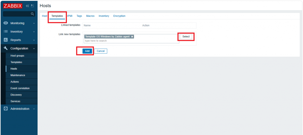 Добавление нового Windows-хоста в интерфейсе сервера Zabbix