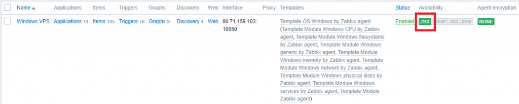 Индикатор доступности хоста в интерфейсе сервера Zabbix