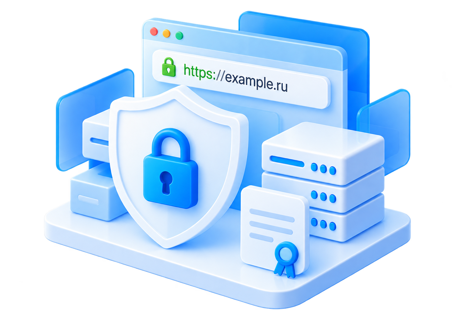 Щит с замком, SSL-сертификат и серверы