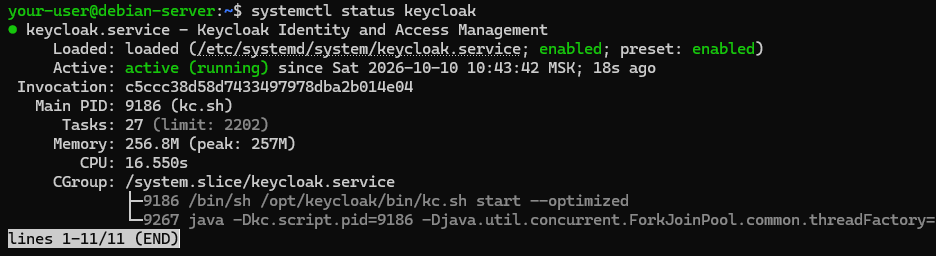 Вывод текущего состояния службы Keycloak