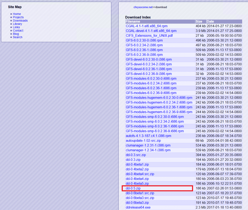Страница загрузки файла архива утилиты dd для Windows