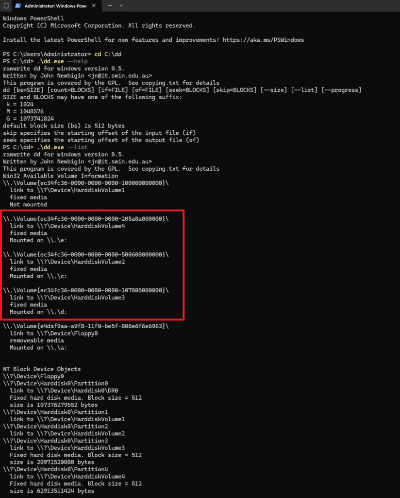 Вывод команд .\dd.exe --help и .\dd.exe --list